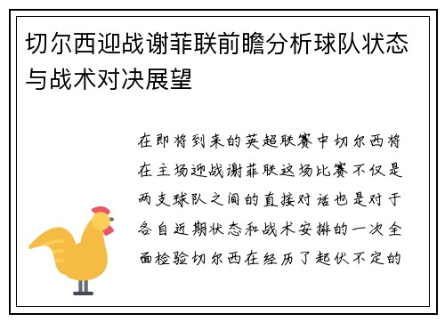 切尔西迎战谢菲联前瞻分析球队状态与战术对决展望